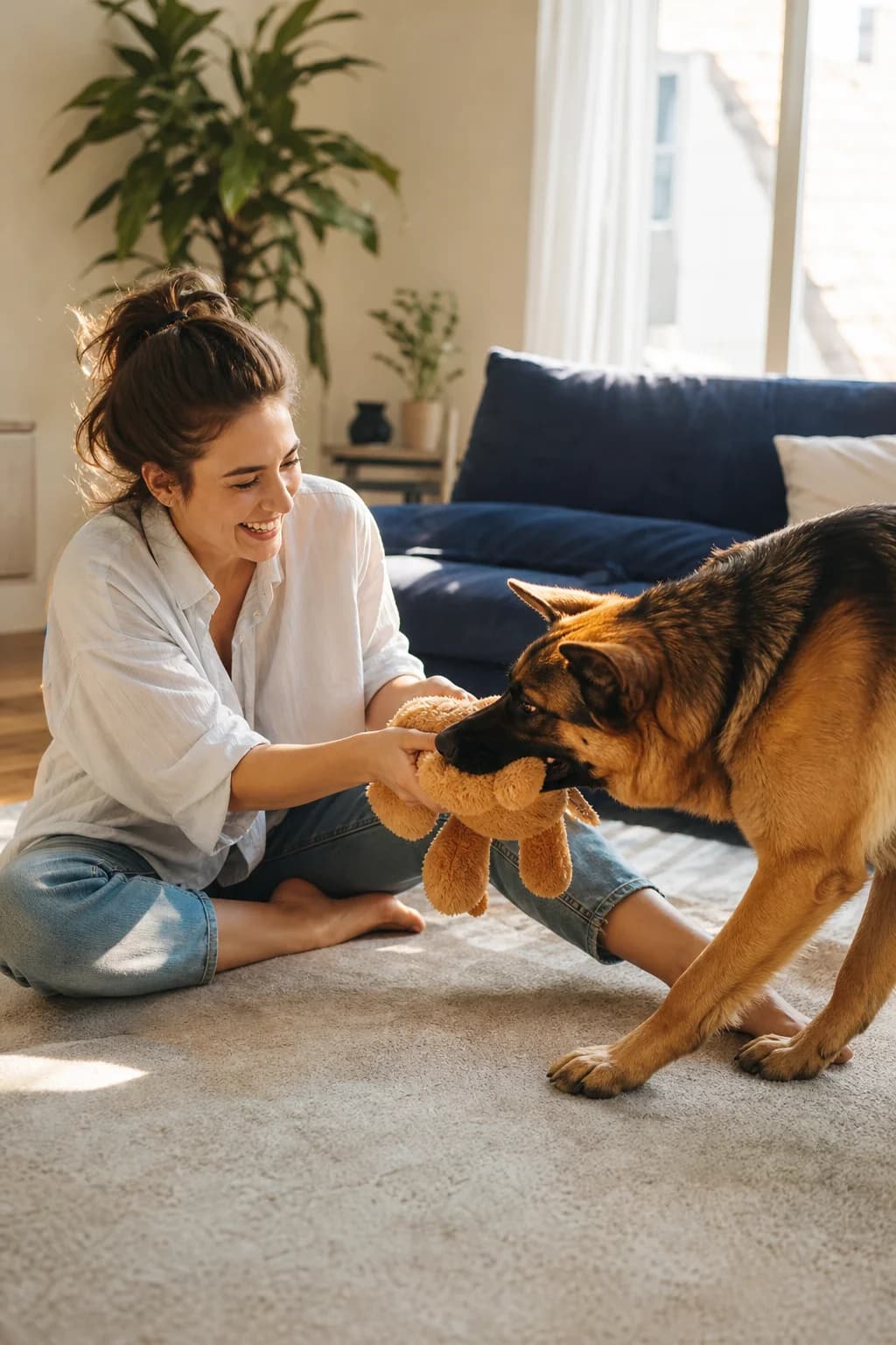A woman playing tug with her German Shepherd on the living room floor